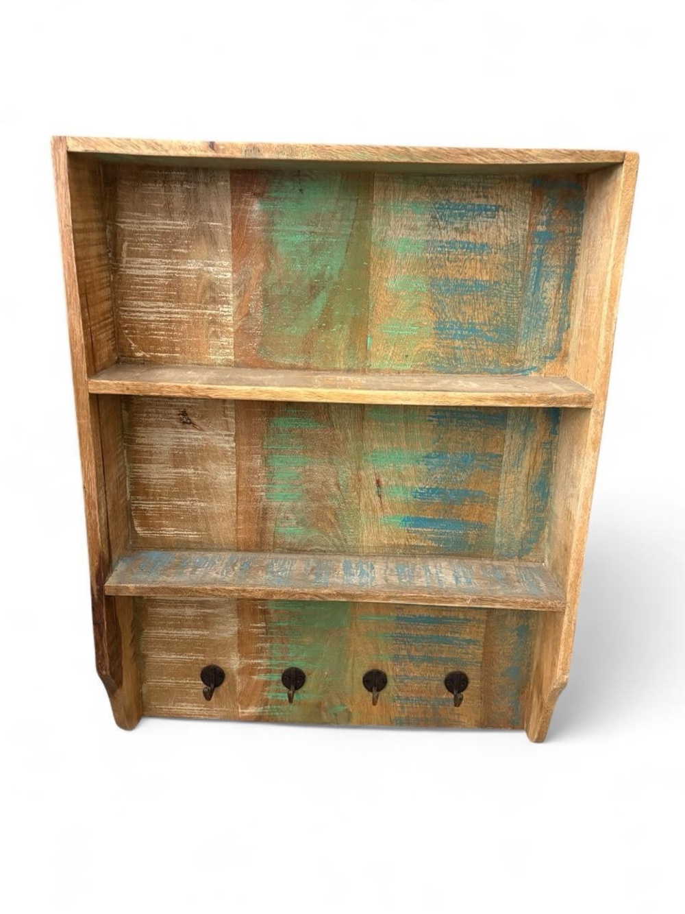 Cottage Rustic Reclaimed Wood Entryway Shelf & Coat Rack Hooks